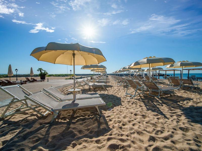 Sunny beach setting with lounge chairs and umbrellas by the sea under clear sky.