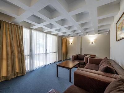 Lichte woonkamer met bruine banken, groot raam en rasterplafond.