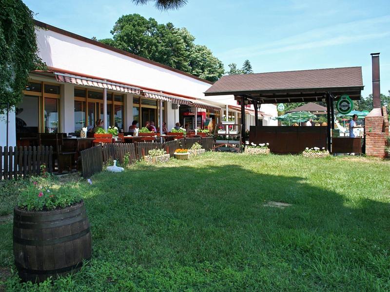 Strand met parasols en bomen op de voorgrond aan de kust onder een heldere lucht