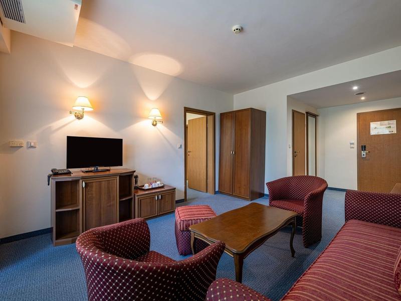 Woonkamer met zithoek, tv en garderobe in een hotelkamer.