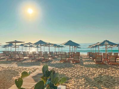 Sunset at the beach with lounge chairs and umbrellas by the sea.