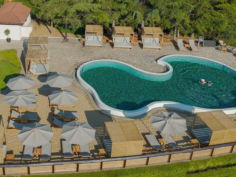 Piscina exterior de forma orgánica rodeada de tumbonas y sombrillas en un jardín de hotel.