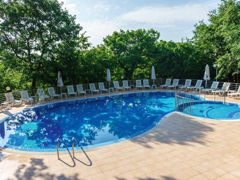 Large outdoor pool with lounge chairs and green trees in the background on a sunny day.