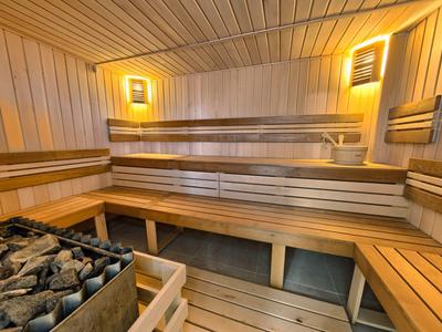 Sauna en bois confortable avec bancs à deux niveaux et poêle éclairé avec des pierres.