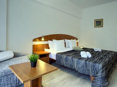 Chambre d'hôtel moderne avec couette grise, mobilier en bois et plante sur la table.