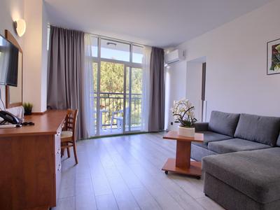 Salon moderne avec canapé gris, table en bois, télévision et grande fenêtre donnant sur le balcon.