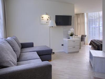 Salon moderne avec canapé gris, télévision murale et sol en bois clair