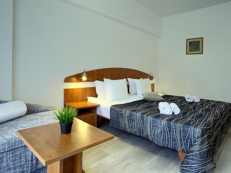 Chambre d'hôtel moderne avec couette grise, mobilier en bois et plante sur la table.