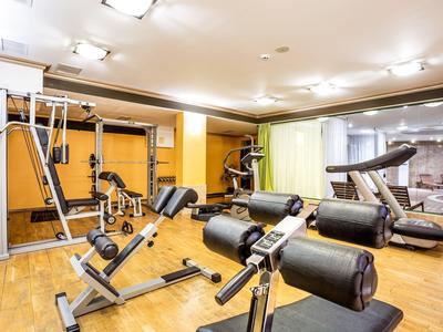 Palestra moderna con varie attrezzature e pavimento in legno chiaro in un hotel.