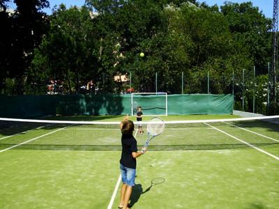 Persoon speelt tennis op een grasveld omgeven door bomen en hekken