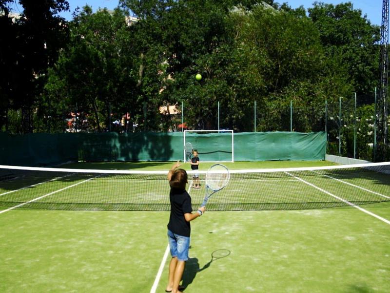 Een persoon staat op een kunstgras tennisbaan met een tennisracket in de hand.