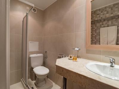 Small hotel bathroom with shower, toilet, and sink under a mirror.