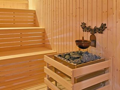 Wood sauna with wooden paneling, benches, and a sauna heater with stones.