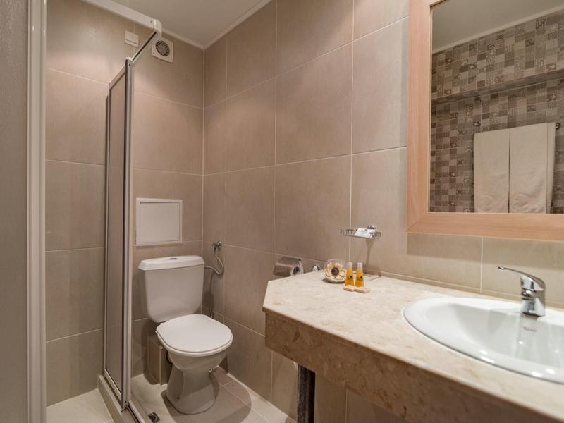 Small hotel bathroom with shower, toilet, and sink under a mirror.