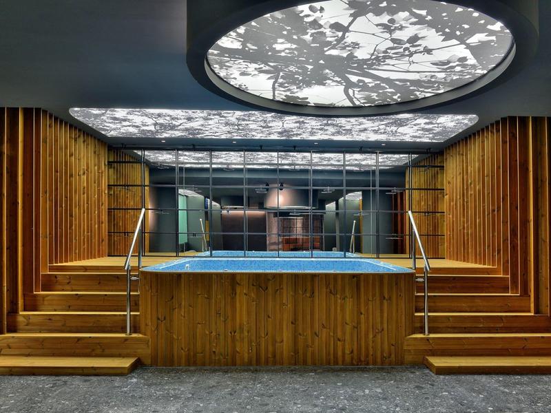 Indoor area with wood paneling, built-in pool, and illuminated ceiling feature