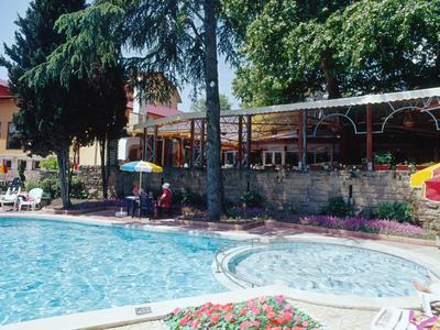 Widok na basen na zewnątrz otoczony drzewami i tarasem w hotelu.