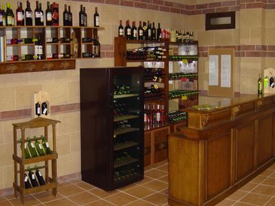 Sklep z winem z drewnianymi półkami, chłodziarką do wina i ladą sprzedażową.