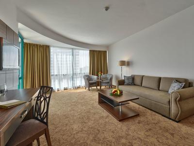 Jasny pokój hotelowy z dużym oknem, sofą, stolikiem kawowym, biurkiem i wykładziną.