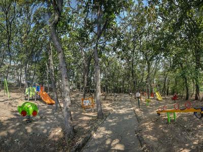 Dětské hřiště ve stínu s houpačkami a klouzačkou v lesním parku.