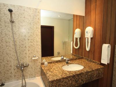 Hotelová koupelna se sprchou, velkým zrcadlem, granitovým umyvadlem a nástěnným fénem.