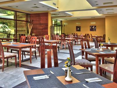 Pohodlná jídelna s dřevěným nábytkem a prostřenými stoly v hotelu.