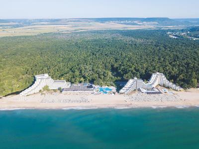 Widok z lotu ptaka hotelu na plaży z lasem w tle i leżakami przy morzu
