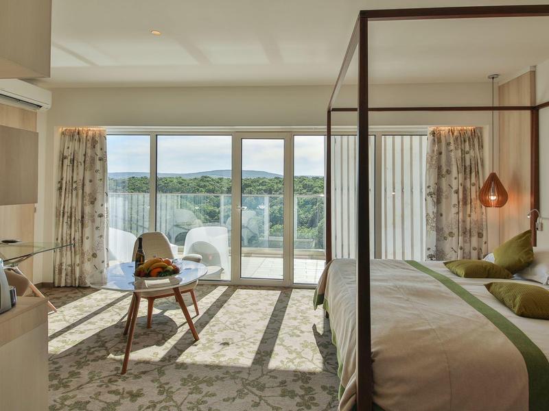 Jasny pokój hotelowy z łóżkiem baldachimowym i widokiem na jezioro przez duże okna.