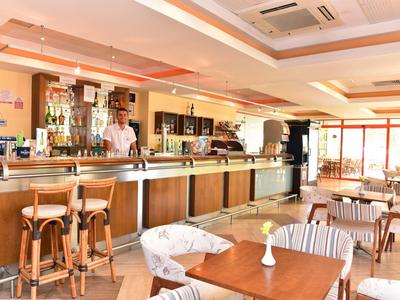 Světlý hotelový bar s dřevěným pultem, barovými stoličkami a stolky se židlemi v útulném prostředí.