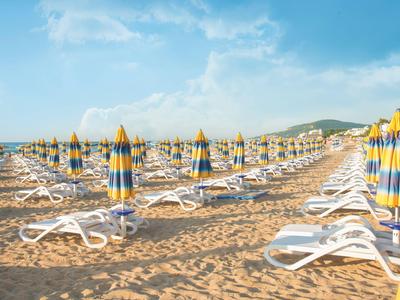 Wiele pustych leżaków i kolorowych parasoli na piaszczystej plaży pod niebieskim niebem.