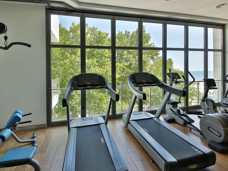 Moderní fitness s běžeckými pásy a stroji před velkými okny s výhledem na zeleň.