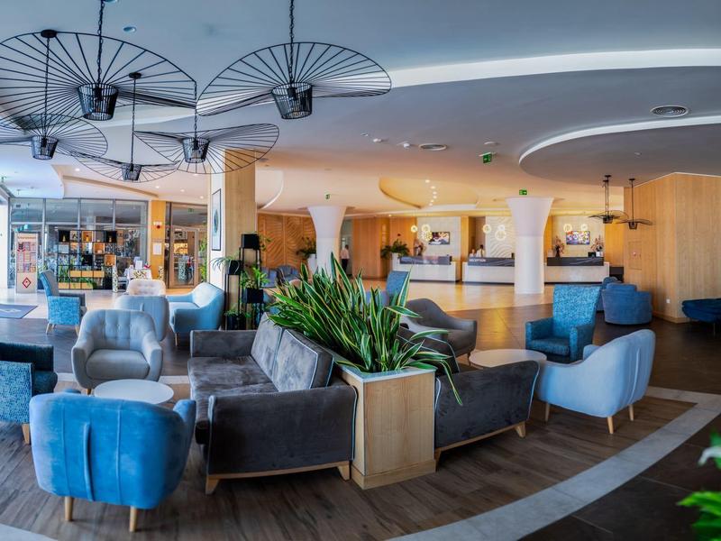 Moderní hotelová lobby s pohodlnými křesly, rostlinami a světlým dřevěným dekorem.