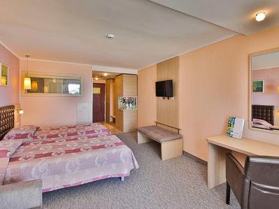 Habitación de hotel luminosa con cama doble, televisión, escritorio y espejo en la pared.