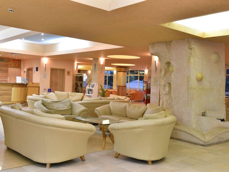 Sala luminosa con sofás beige y una gran chimenea decorativa en un hotel.