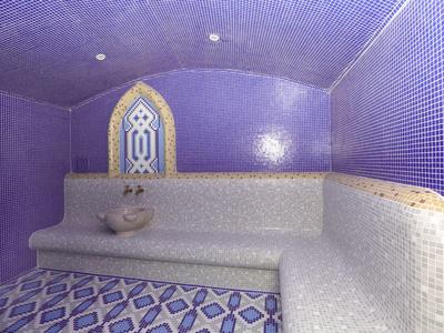 Sauna with blue mosaic tiles, cushioned benches, and decorative window.