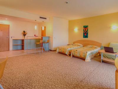 Velký hotelový pokoj se dvěma postelemi, kobercem a posezením.