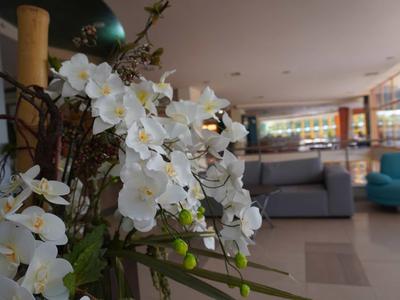 Fleurs blanches dans le hall de l'hôtel avec canapés et grande fenêtre en arrière-plan.