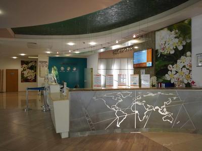 Réception d'hôtel moderne avec carte du monde au comptoir et décor floral