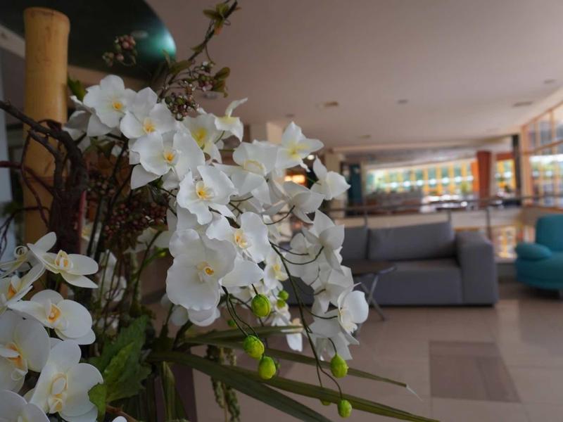 Detailní záběr bílých orchidejí v moderním hotelovém lobby.