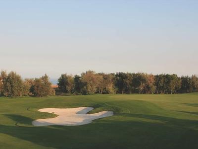 Golfové hřiště se zelenou trávou, pískovým bunkrem a stromy v pozadí pod jasnou oblohou.