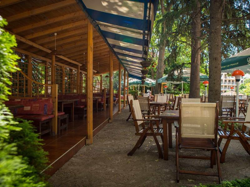 Gemütlicher Außenbereich eines Cafés mit Holztischen und Stühlen unter Bäumen an sonnigem Tag.