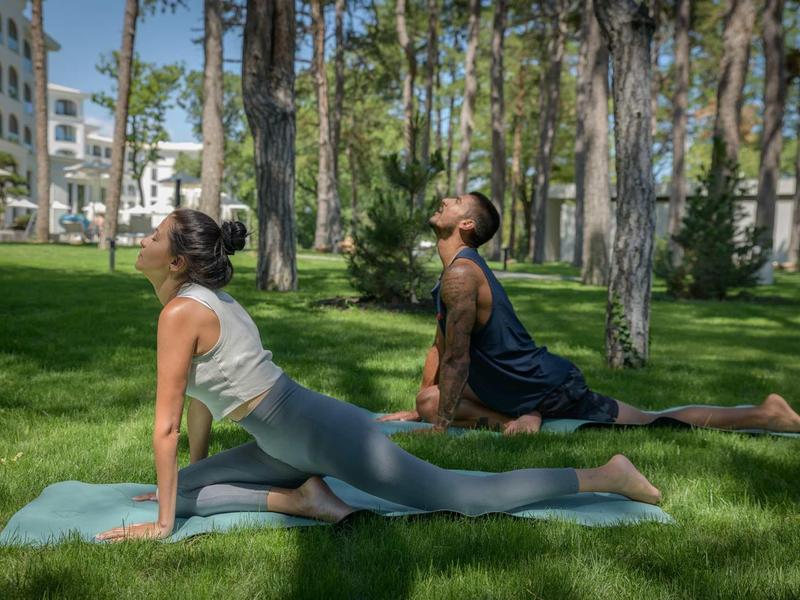 Two people practicing yoga on a grassy park area in sunny weather.