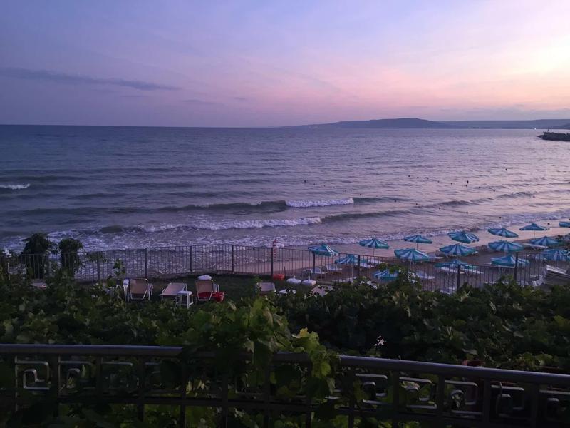 Strand mit Wellen, Sonnenschirmen und Pflanzen im Vordergrund bei Sonnenuntergang.