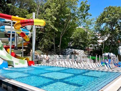 Une piscine d'hôtel avec toboggans et chaises longues entourée d'arbres.