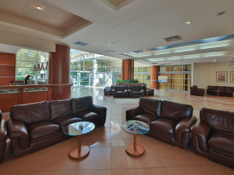 Jasny hol hotelowy z brązowymi skórzanymi sofami, okrągłymi stolikami i dużymi oknami z widokiem na zieleń.