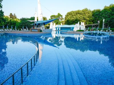 Moderní venkovní bazén s čistou modrou vodou, lehátky a zelenými stromy v pozadí.