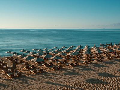 Sandy beach with many sun loungers and umbrellas by a calm sea under a clear sky.