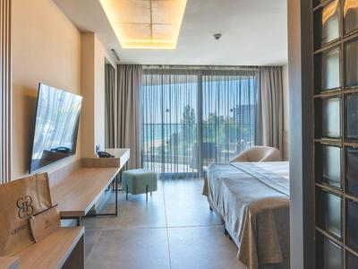 Habitación de hotel luminosa con cama doble, televisor de pantalla plana y balcón con vistas a plantas.