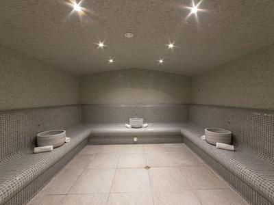 Moderner Dampfraum mit grauen Fliesen, Sitzbänken und Deckenbeleuchtung.