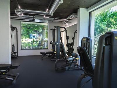 Bright gym with modern equipment and large windows overlooking trees.