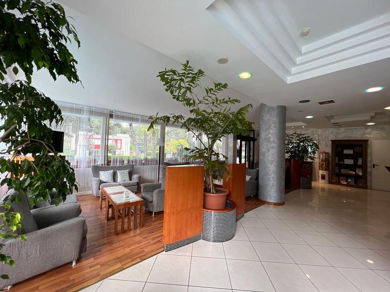 Bright hotel lobby area with seating, plants, and large window.
